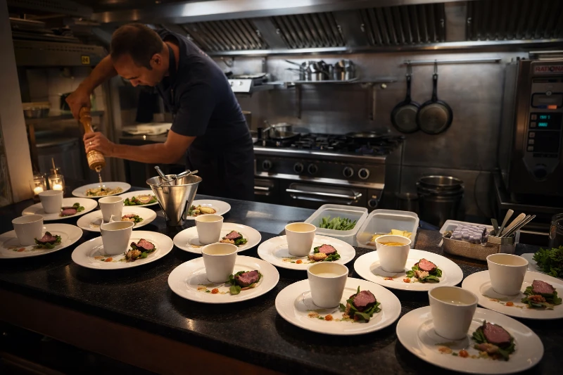 Chef preparing dinner in kitchen restaurant